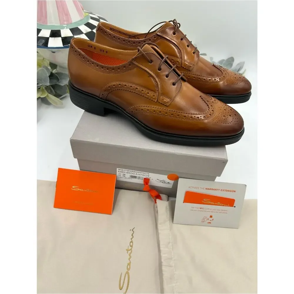 Men's Santoni easy wing tip brown burnished leather size 9 US made in Italy